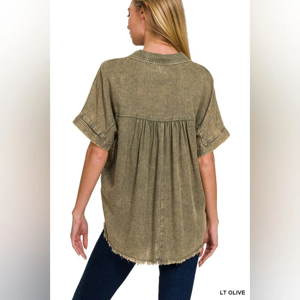 NWT - Washed Linen Blend Raw Edge V-Neck Light Olive Shirt - Size M